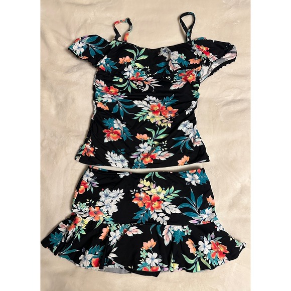 Tommy Bahama Other - Tommy Bahama Womens XS Black Floral Tankini Set Ruffle Top Skirt Rouched Sides